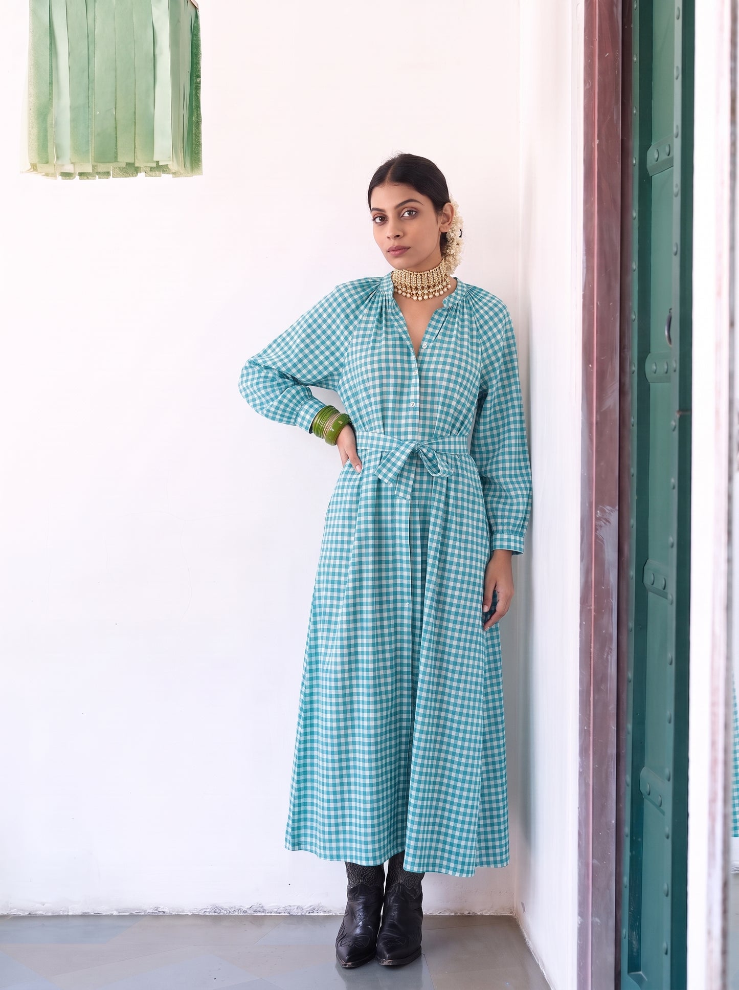 TEAL GINGHAM MAXI DRESS