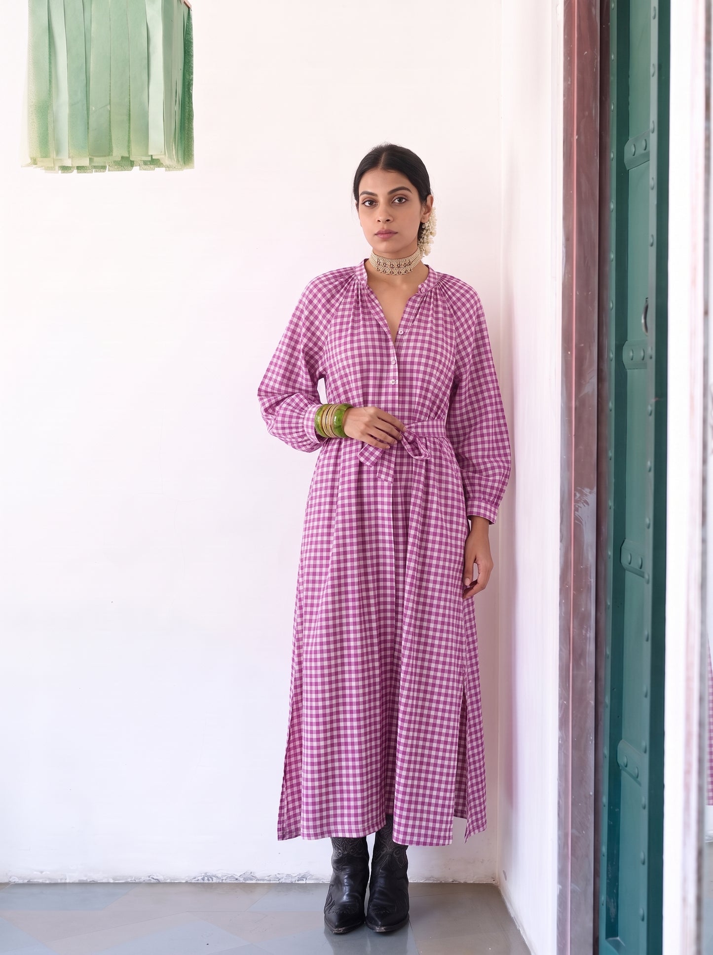 MAUVE GINGHAM MAXI DRESS