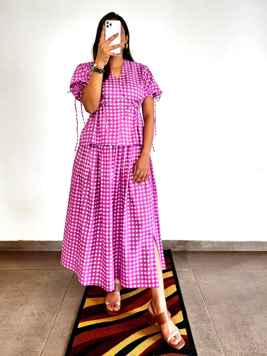 Purple Gingham Cotton Skirt Set