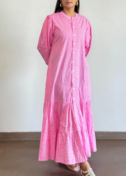 Pink Checkered Cotton Maxi Dress