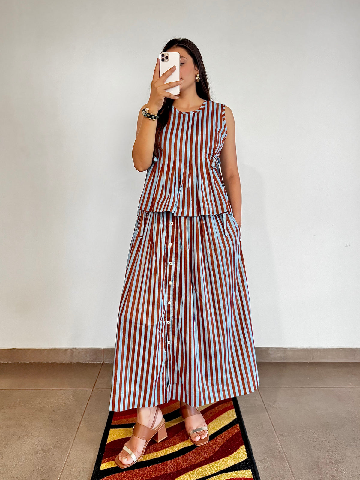 Blue Rust Stripe Cotton Skirt Set
