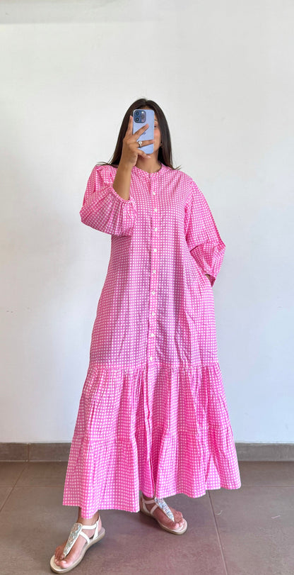 Pink Checkered Cotton Maxi Dress