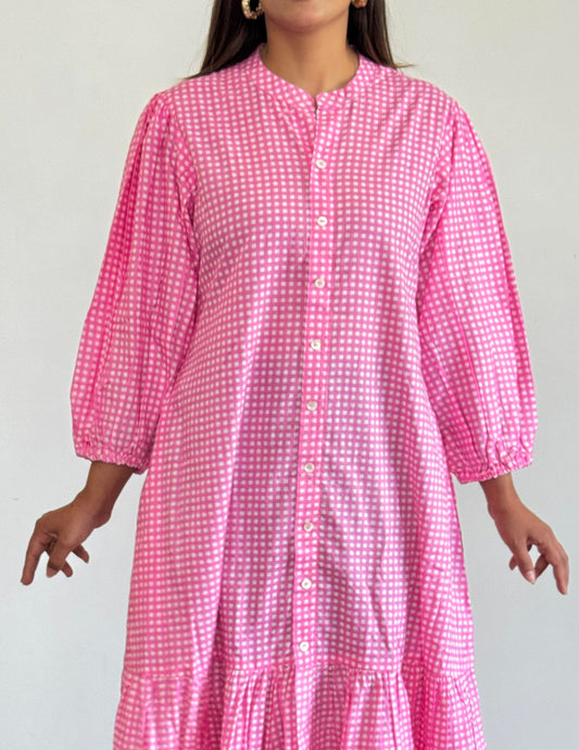 Pink Checkered Cotton Maxi Dress