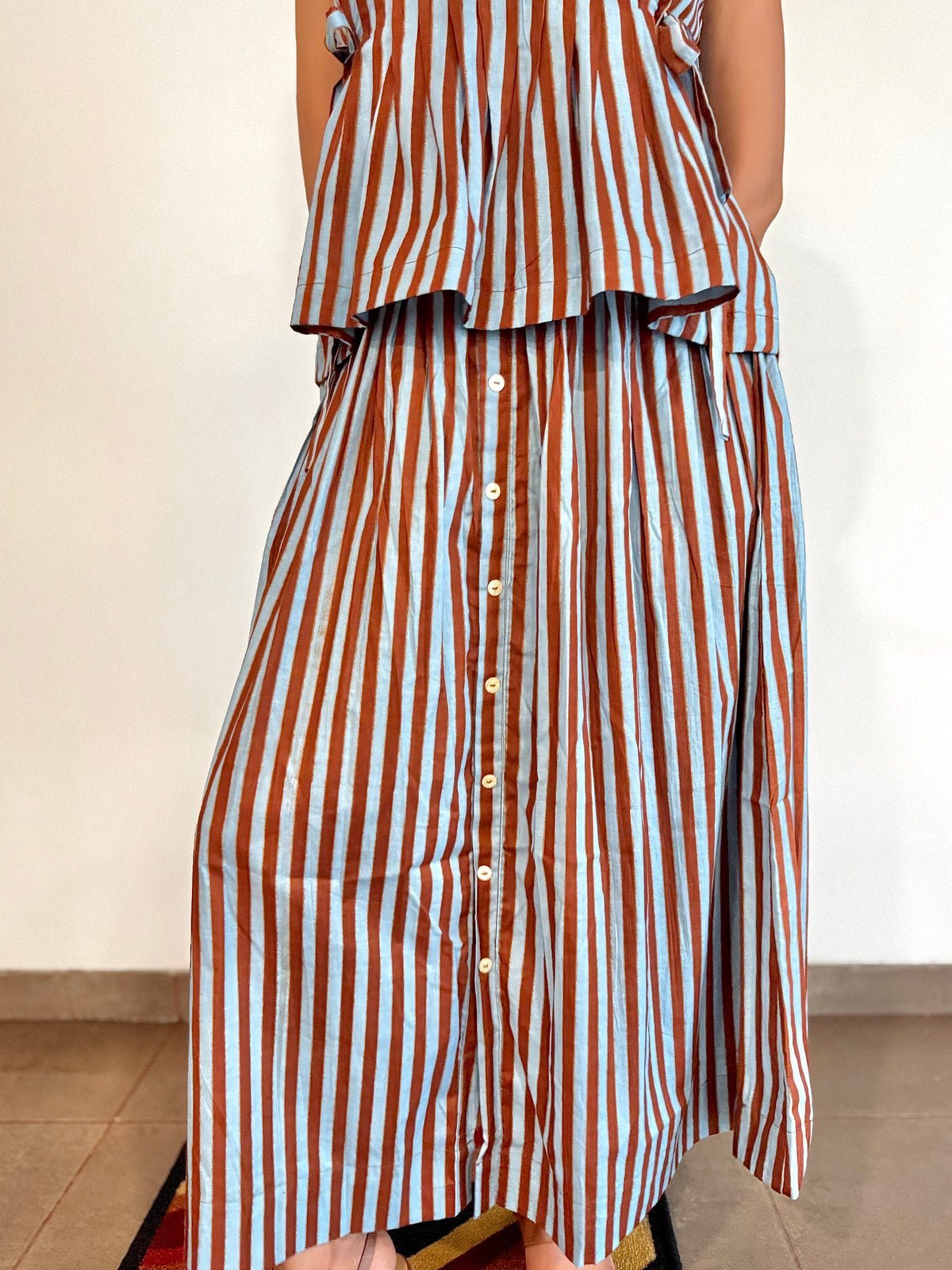 Blue Rust Stripe Cotton Skirt Set
