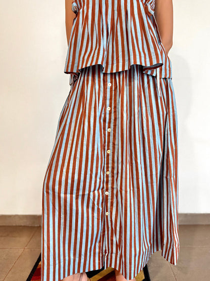 Blue Rust Stripe Cotton Skirt Set