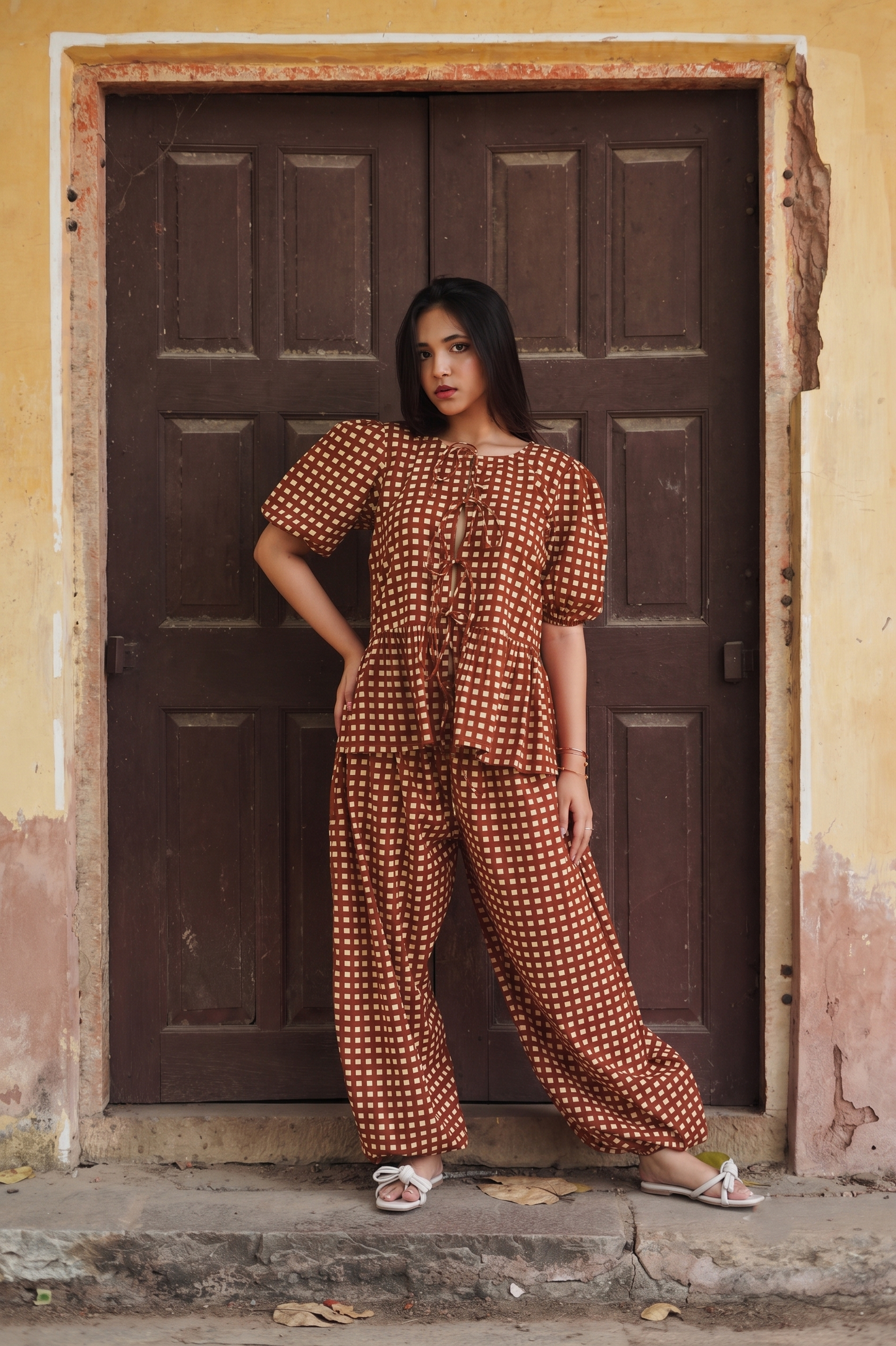 RUST BROWN GINGHAM COORD SET