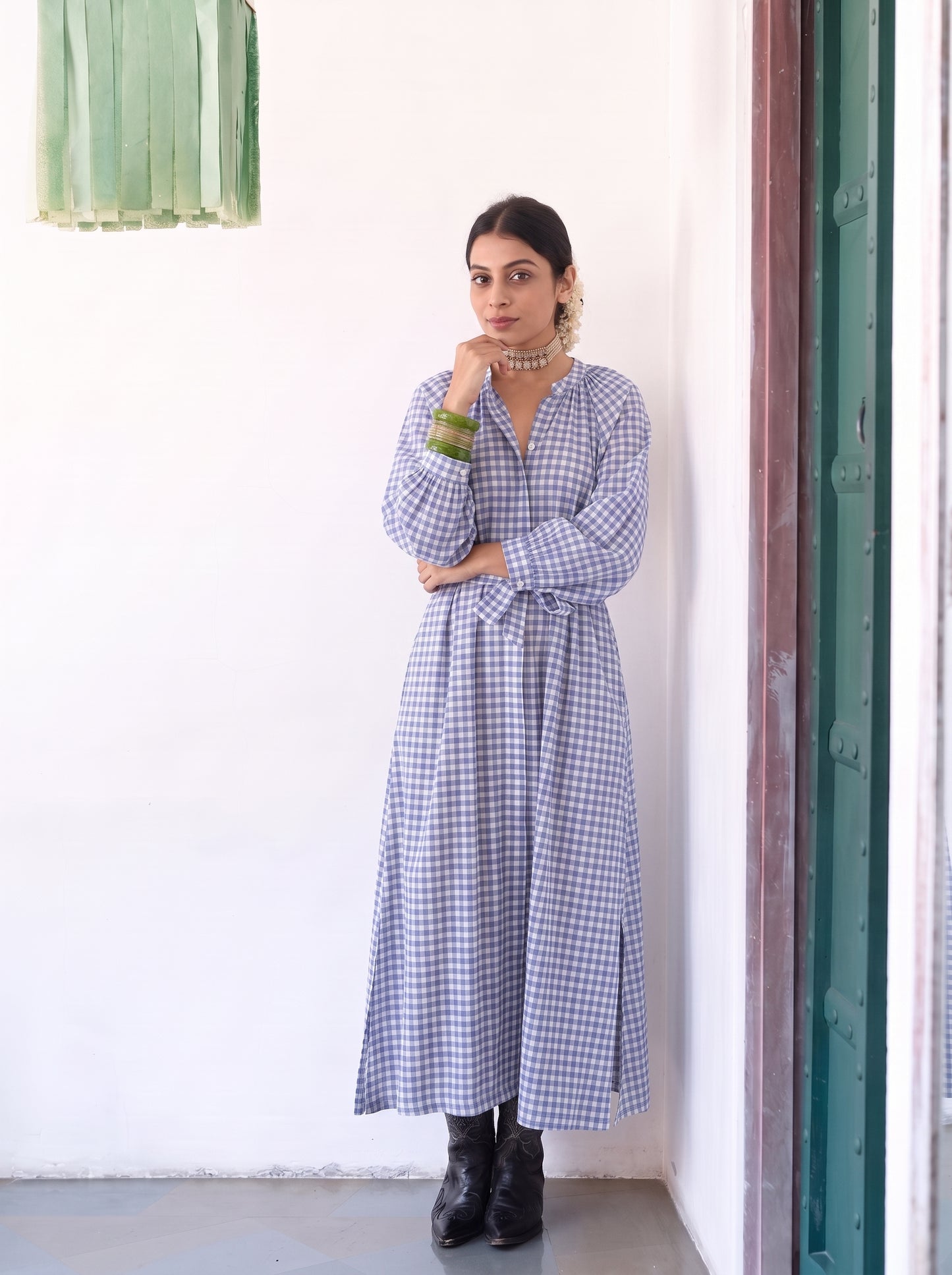 BLUE GINGHAM MAXI DRESS