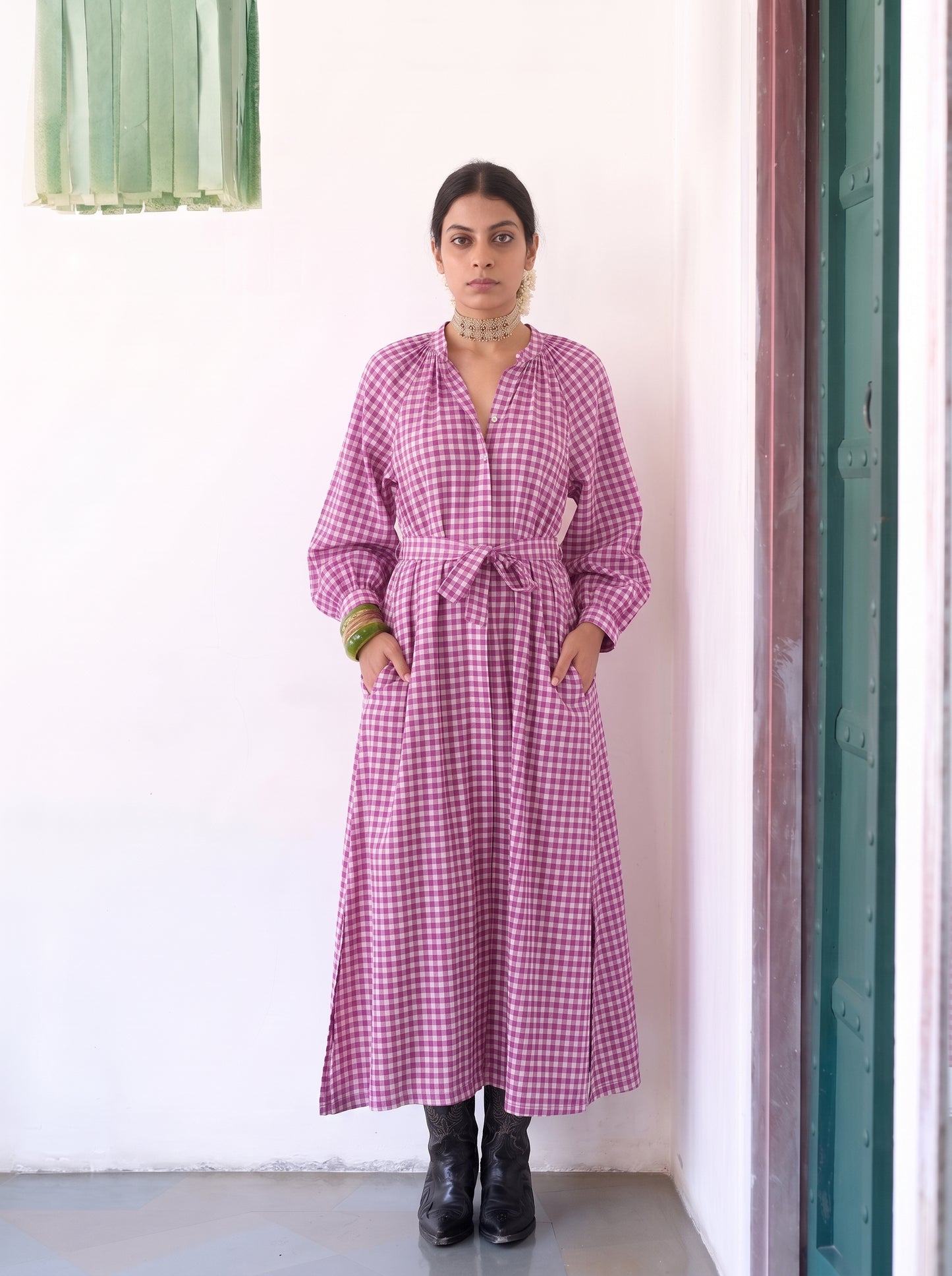 MAUVE GINGHAM MAXI DRESS