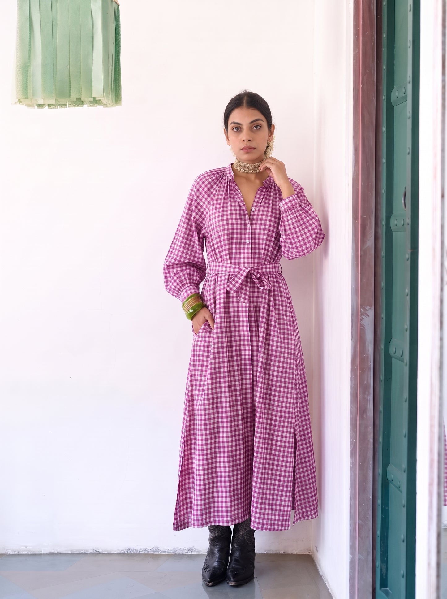 MAUVE GINGHAM MAXI DRESS